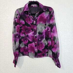 ANNE KLEIN NEW YORK Silk Dark Floral Print Button Up Blouse Shirt Top 6P